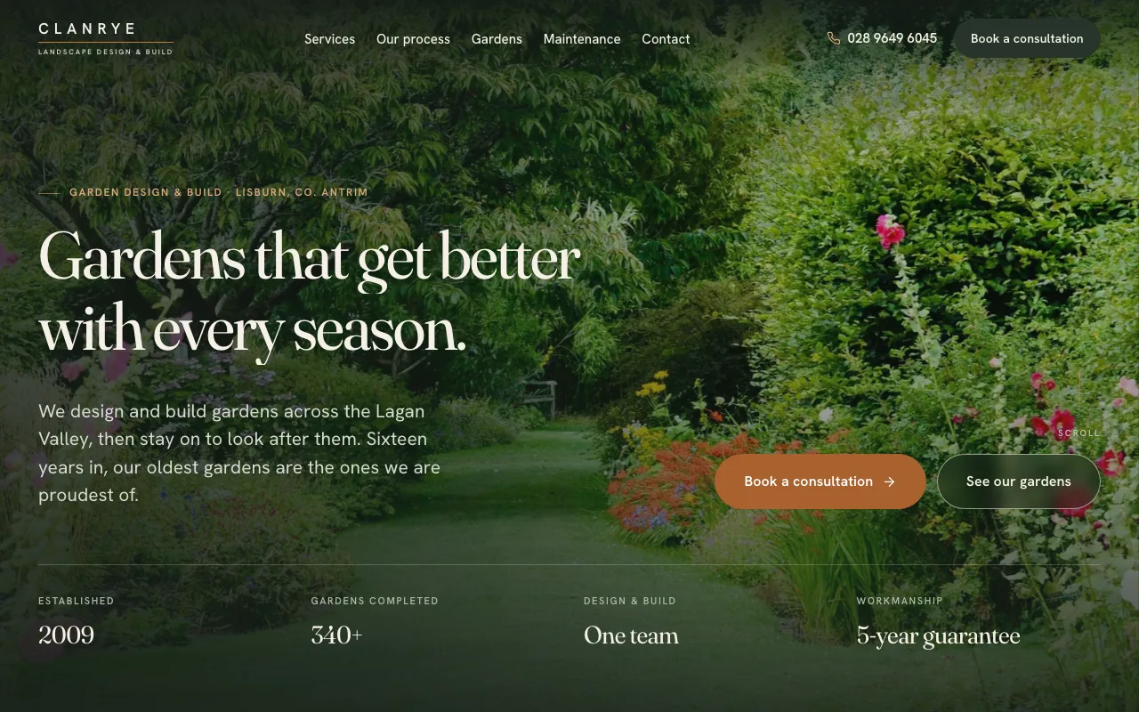 Clanrye Landscapes website, editorial garden design homepage