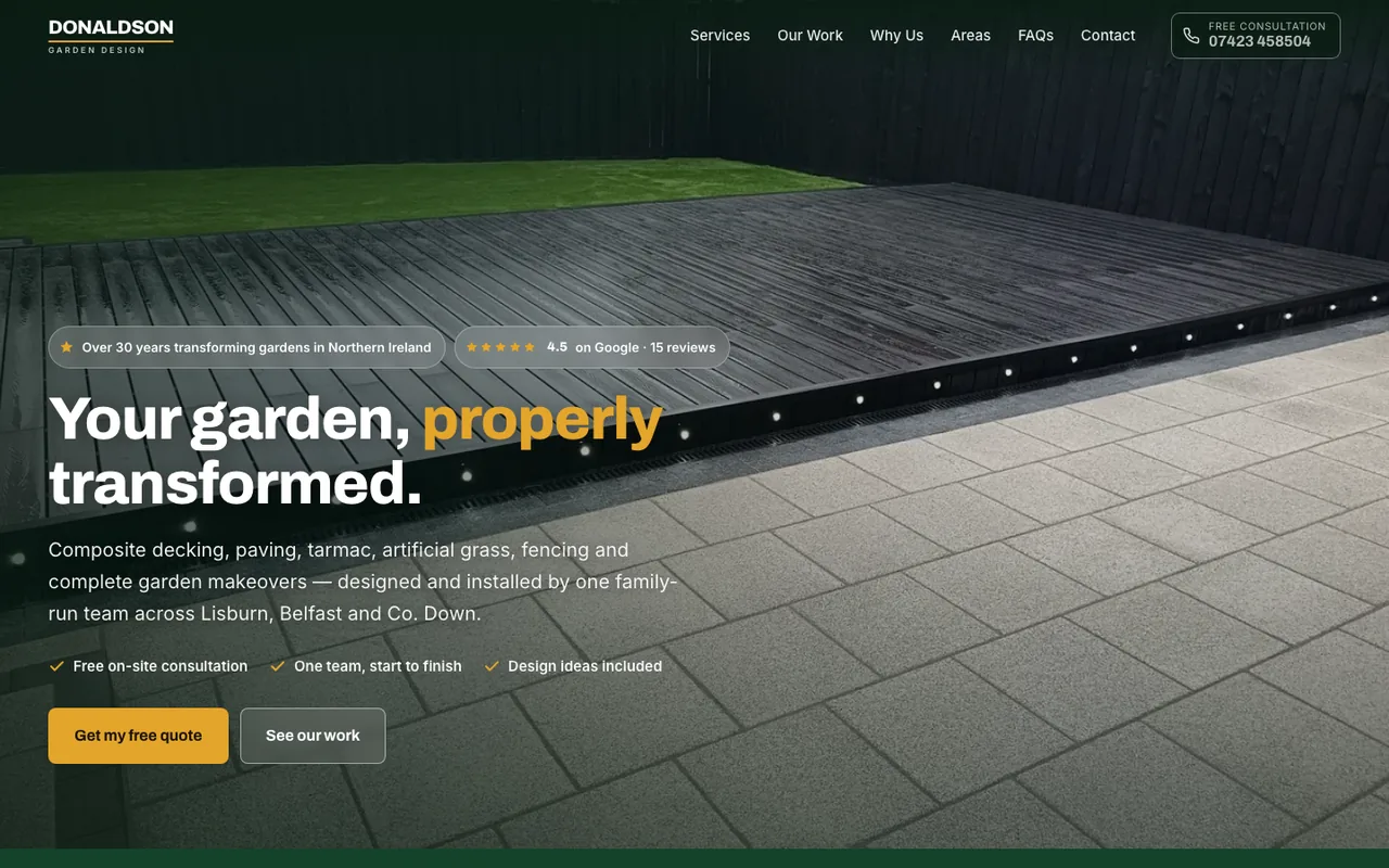 Donaldson Garden Design website, garden transformation homepage