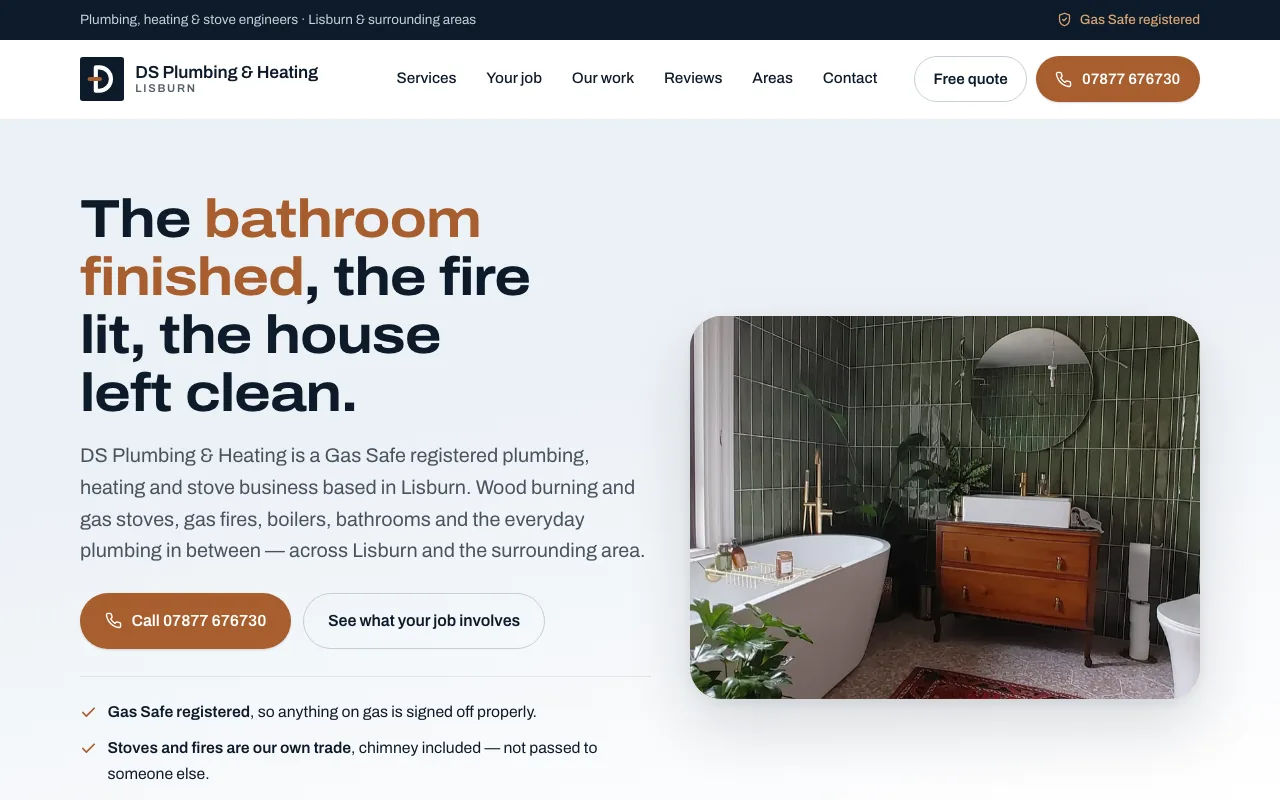 DS Plumbing & Heating website, bathroom and stove led homepage
