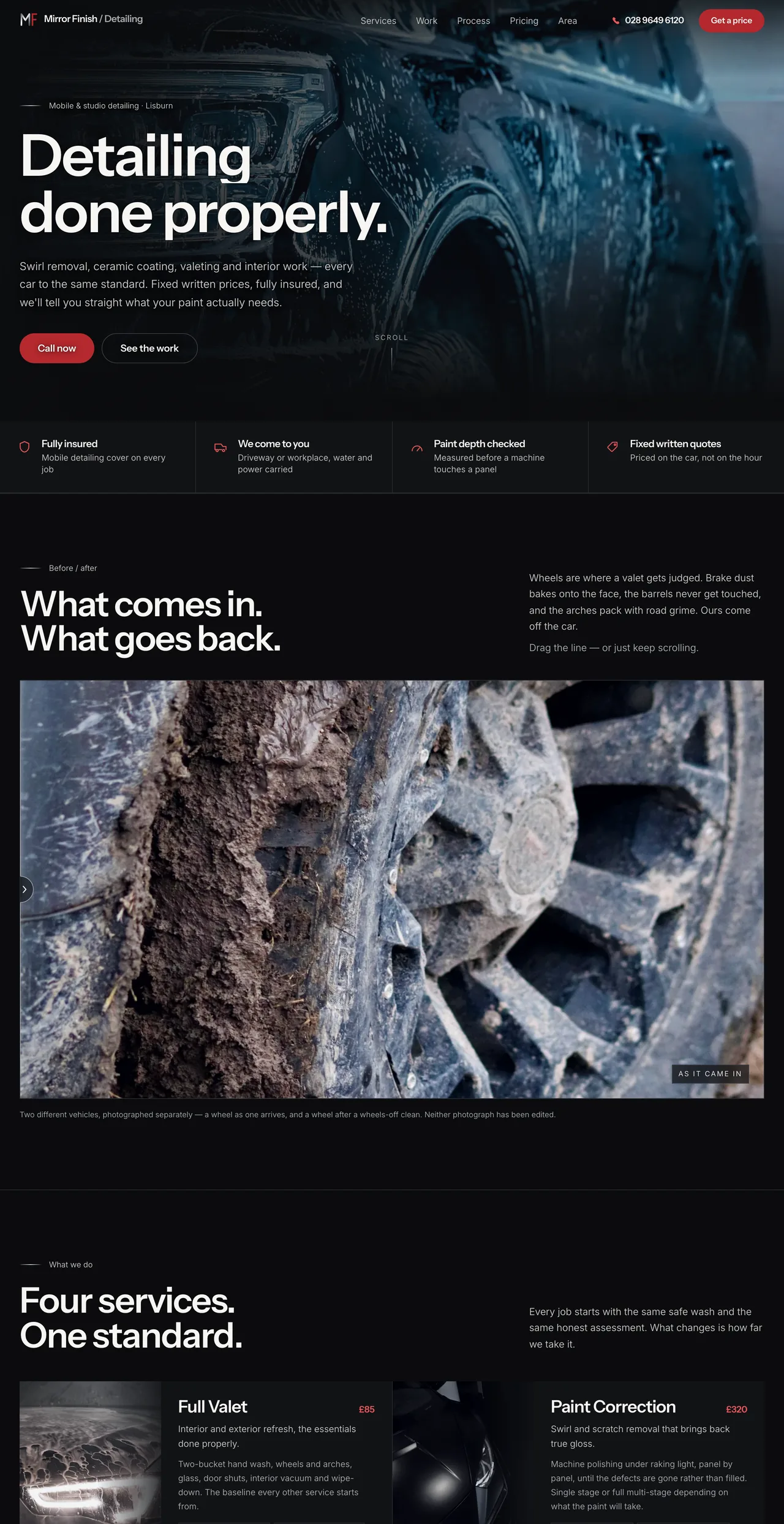 Full-page view of the Mirror Finish Detailing (fictional) website