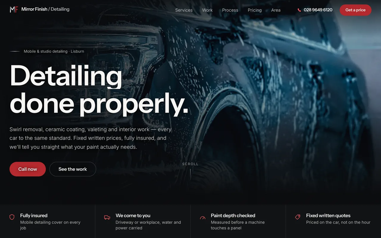 Mirror Finish Detailing website, dark car detailing homepage
