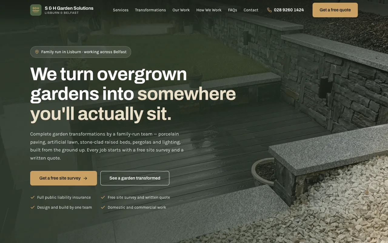 S & H Garden Solutions website, contemporary garden transformations